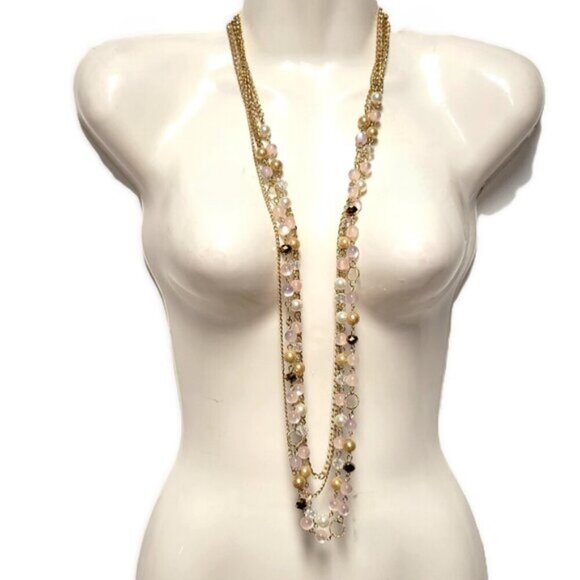 Multistrand Gold and Pink Beads Long Necklace - Picture 1 of 8